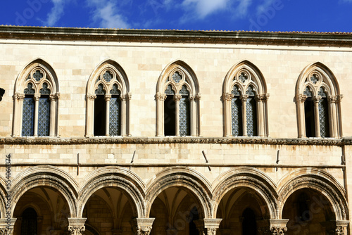 Rector's palace porch and vaulted arcade with Renaissance styled individualized column capitals in the old town of Dubrovnik, Croatia 