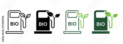 Bio Energy Station Line and Silhouette Icon Color Set. Ecology Diesel Station. Organic Oil in Gasoline Pump Symbol on White Background. Natural Biofuel Alternative Gas. Isolated Vector Illustration