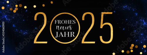 2025 Frohes neues Jahr Feiertag Gru  karte Banner - Goldener glitzer Kreis mit Text und Feuerwerk Pyrotechnik auf schwarzem Nachthimmel Textur Hintergrund