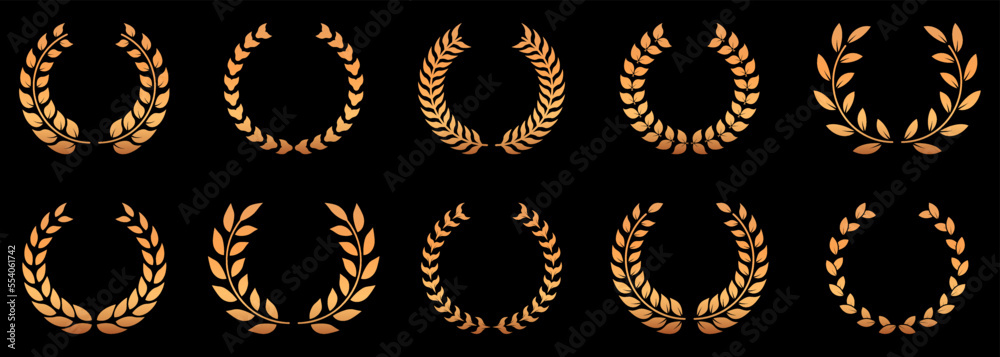 Gold Laurel Wreath Silhouette Icon Set. Golden Round Olive Leaves Branch. Success Circle Reward Pictogram. Chaplet Award Best Champion Symbol. Victory Vintage Emblem. Isolated Vector Illustration Gold Laurel Wreath Silhouette Icon Set. Golden Round Olive Leaves Branch. Success Circle Reward Pictogram. Chaplet Award Best Champion Symbol. Victory Vintage Emblem. Isolated Vector Illustration