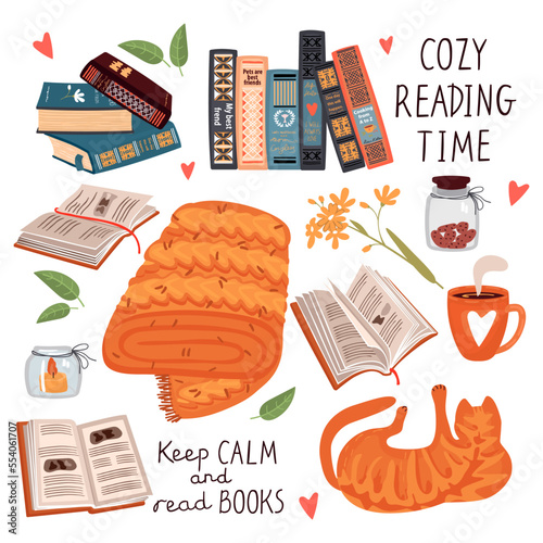 Cozy reading time collection with woolen blanket and a ginger cat.Books,candle,cup,cookies,flowers and leaves,lettering.Vector clip art set on white background. Cartoon flat style illustration.