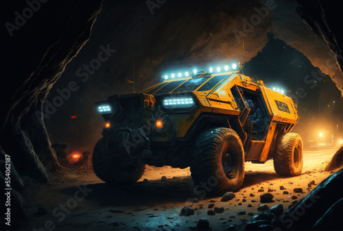 vehicle lighted at night in the underground industry. Generative AI