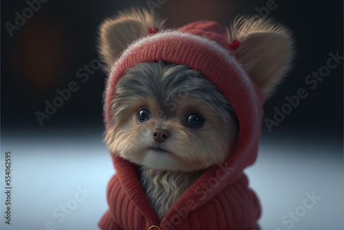 snow adorable yorkie baby girl dressed in a santa clause coat and santa red hat Christmas festive ,generative ai. photo