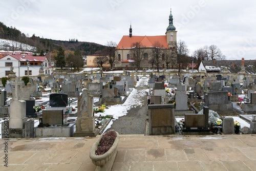 View from the cemetery to the church. Strilky. Czechia.  photo