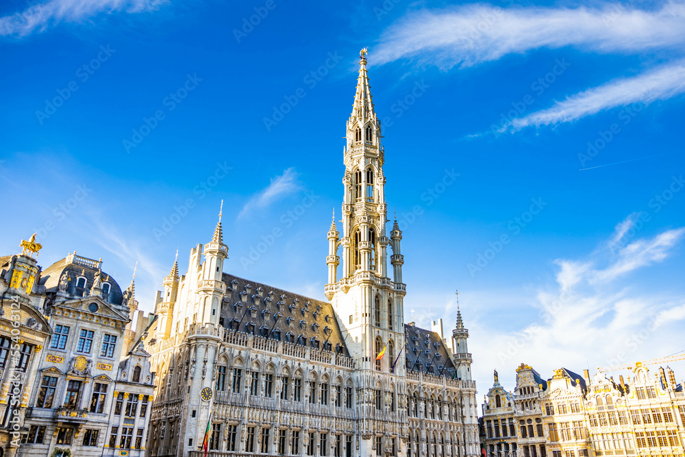 Scenic Town Hall outdoors view on sunny day at Grand Place square Scenic Town Hall outdoors view on sunny day at Grand Place square