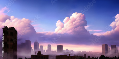 Cumulus clouds over an abandoned city at sunset photo