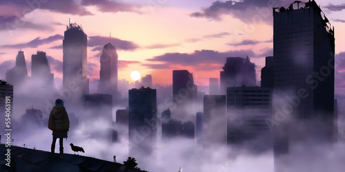 View from the roof of the city in the fog at sunset. Post-apocalyptic cityscape. Silhouette of a man photo