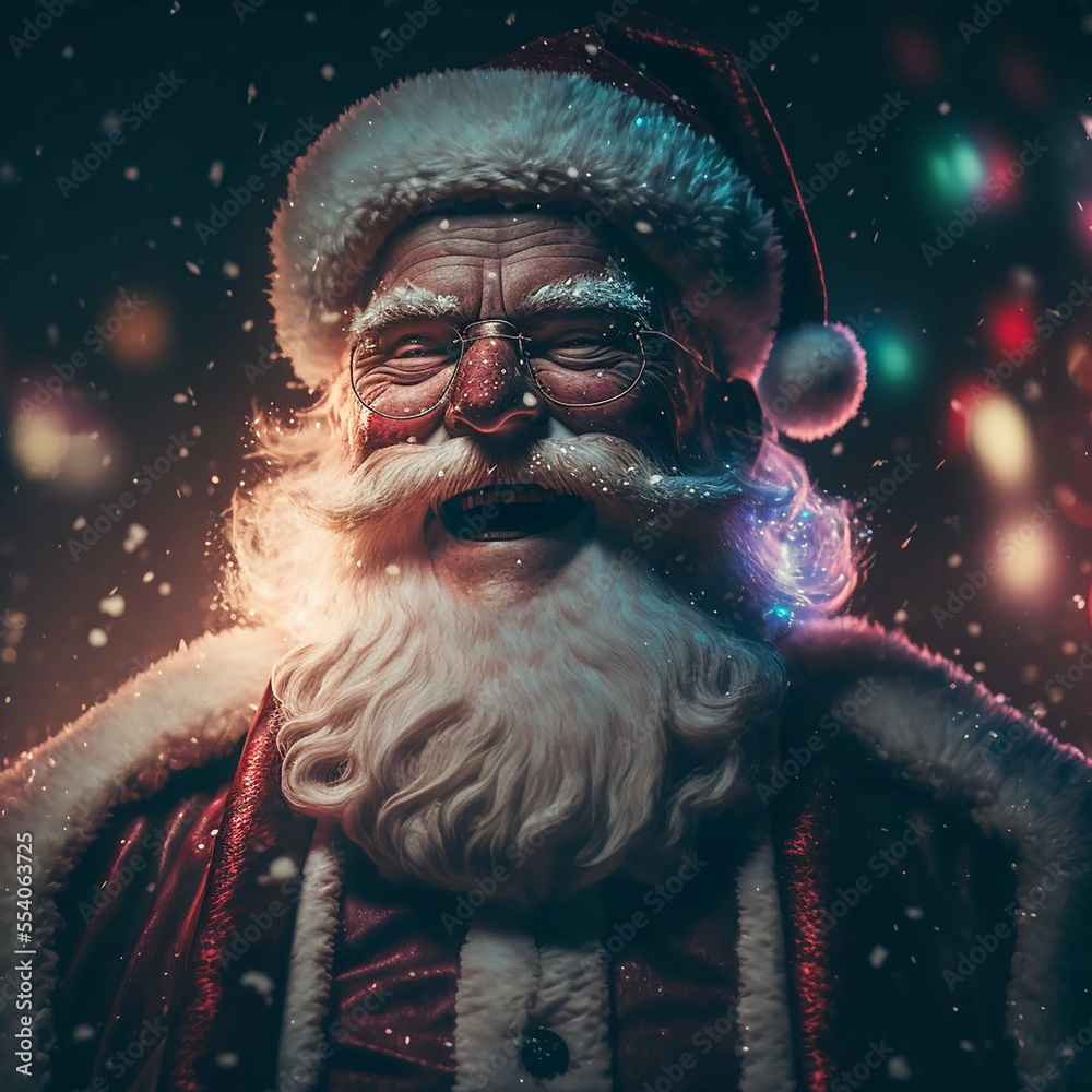 Hyper Santa Santa claus, smiling, standing in a nightclub, epic composition ...