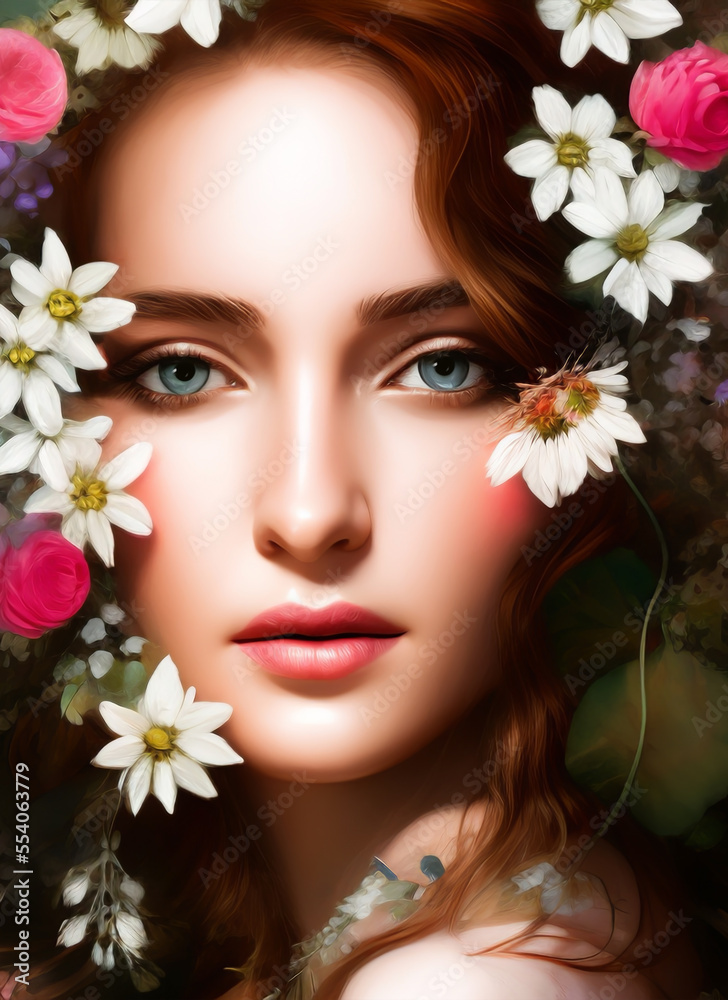 Colorful painting of a beautiful woman's face, Portrait of a beautiful woman with flowers.Generative AI
