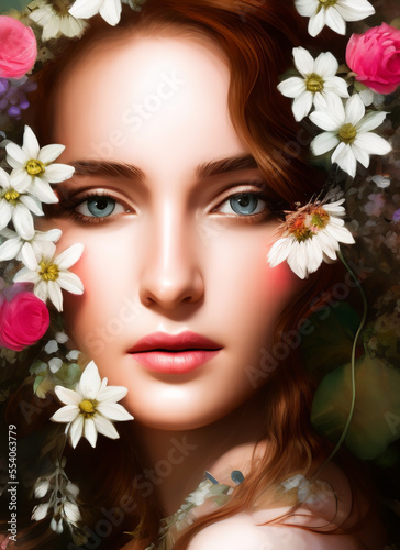 Colorful painting of a beautiful woman's face, Portrait of a beautiful woman with flowers.Generative AI © Eduardo