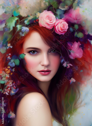 Colorful painting of a beautiful woman's face, Portrait of a beautiful woman with roses. Generative AI