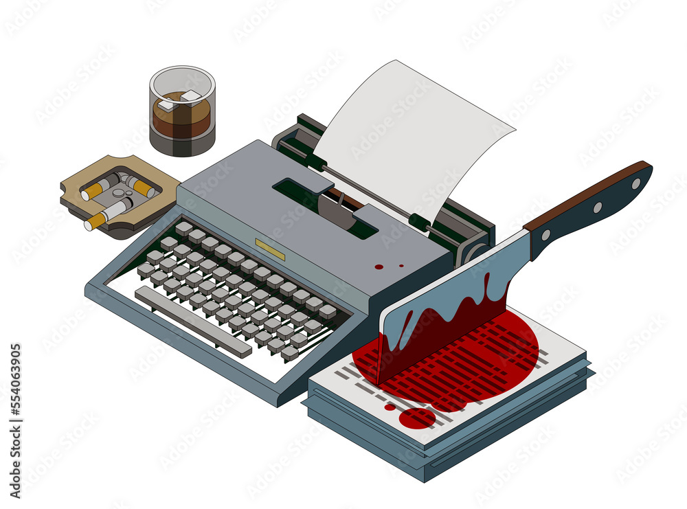 Horror movie concept vintage typewriter and cleaver with blood Stock