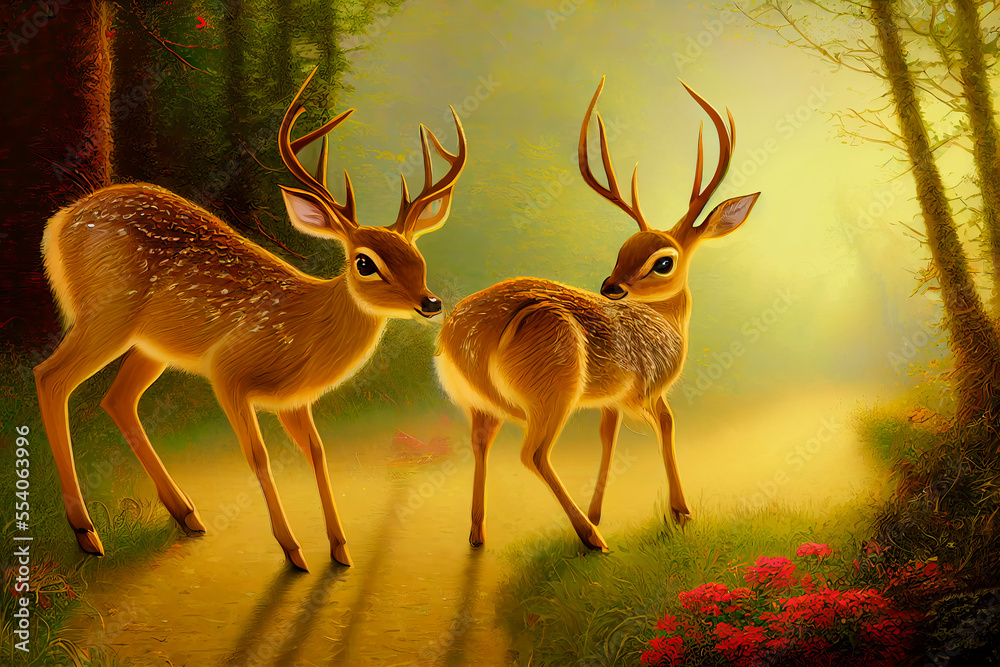 Fototapeta premium Deer in the forest, in the wild. A small baby of a deer. Illustration for advertising, cartoons, games, print media. My collection of animals.