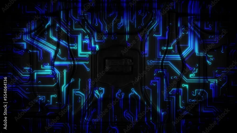 Energy flowing through the circuitry visualizing the digital operation of a computer.Good for technology,intro,screen saver,electronic computer website store. Blue circuit board background