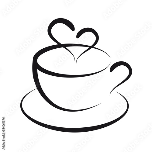 Coffee cup with heart steam, line art illustration over a transparent background, PNG image