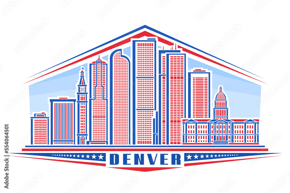 Vector illustration of Denver, horizontal badge with simple linear design famous denver city scape on day sky background, red urban line art concept with decorative unique letters for blue text denver