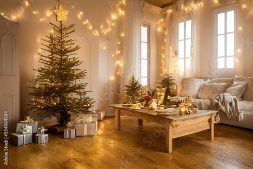 Cozy vintage Christmas holdiay decorated room with Christmas tree, fireplace, candles, toys, carpet and armchair. © Sirius1717