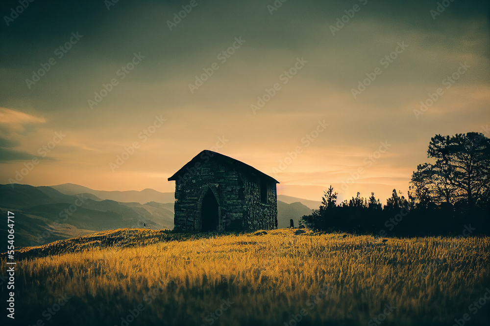 small church in the mountains, countryside small church in the mountains, countryside