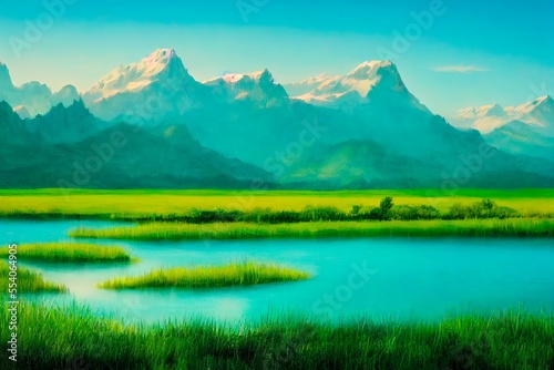 Lake view to the mountain, beautiful summer landscape with turquoise water and green grass