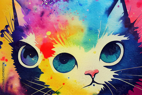 Cute colorful cat. Watercolor kids illustration with domestic animal