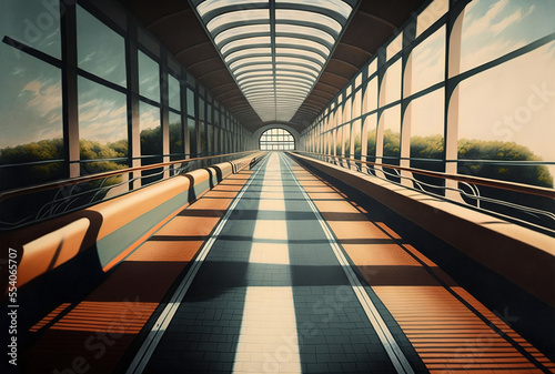 Wide picture of an autowalk or moving walkway. Generative AI photo