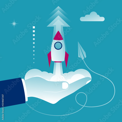 Start up concept. Businessman holds a flying rocket in hand, symbol of start of project's launch. Vector illustration cartoon flat design. Isolated on background. Business metaphor.
