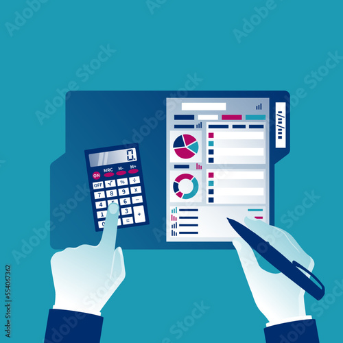 Summary report concept. Financial worker analyzing statistical data. Research chart, calculation. Compact data summary. Documents folder. Vector illustration flat design. Calculator pen in hand.