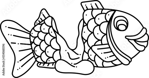 Taiyaki single doodle2. Cute Asian sweet stuffed fish. Cartoon white and black vector illustration.