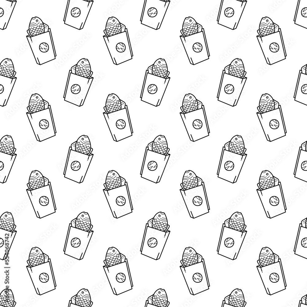 Taiyaki in a pack pattern4. Cute Asian fish-shaped biscuits with filling. Cartoon white and black vector illustration. Taiyaki in a pack pattern4. Cute Asian fish-shaped biscuits with filling. Cartoon white and black vector illustration.