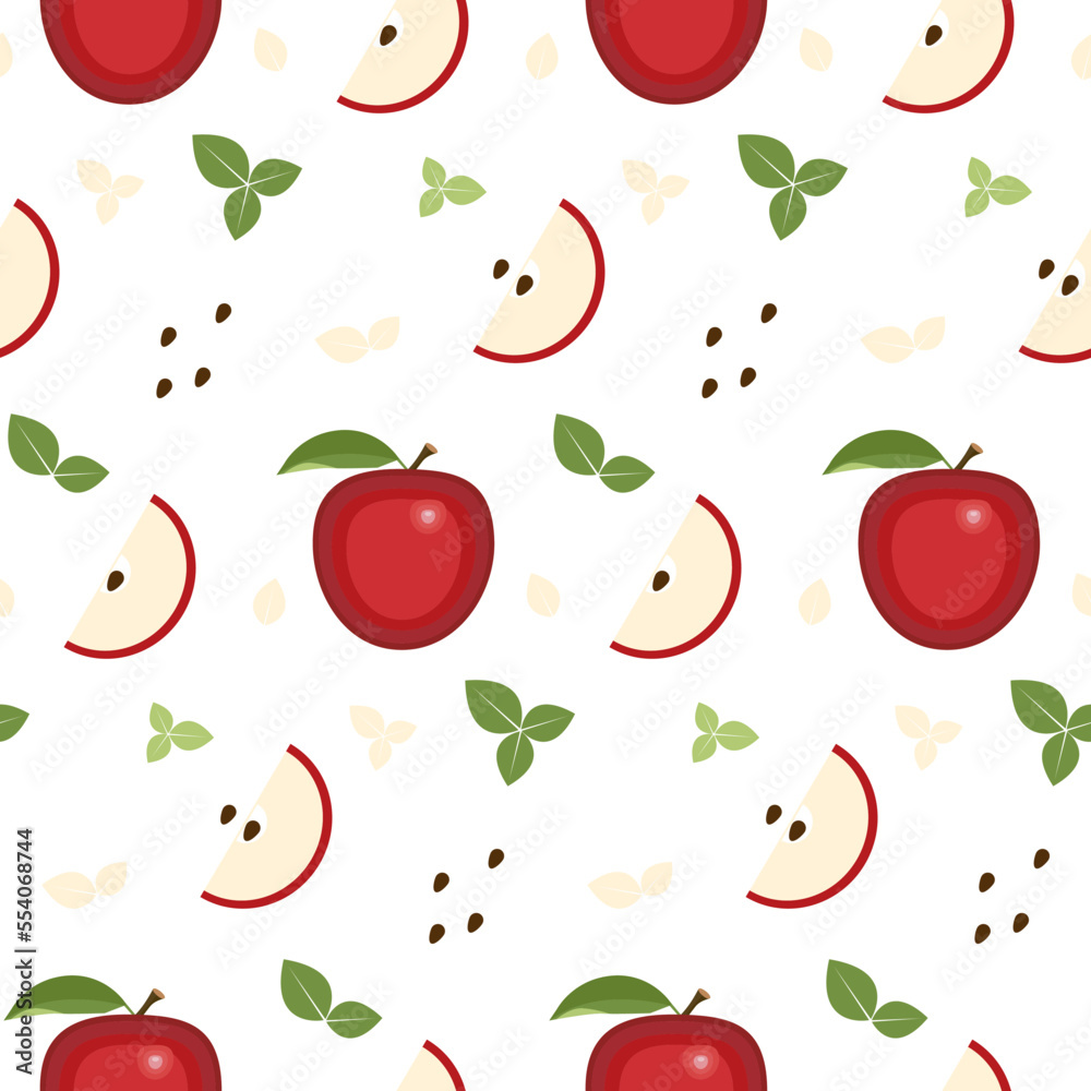 Seamless pattern of red apples and leaves on white Seamless pattern of red apples and leaves on white