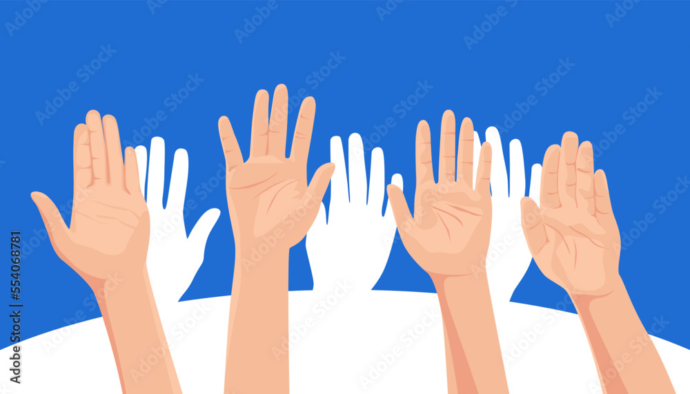 We stand together, vector people raise their hands