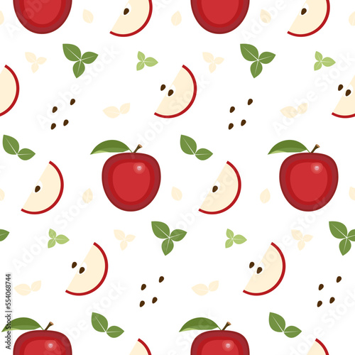 Seamless pattern of red apples and leaves on white