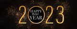 2023 Happy New Year holiday Greeting Card banner - Golden glitter year and circle with text, firework fireworks pyrotechnics on black night sky texture background