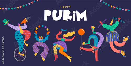 Happy Purim - Jewish holiday, Carnival. Colorful geometric background with abstract people, clowns, musicians, dancers