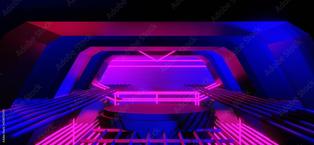 gaming background abstract wallpaper, cyberpunk style scifi game, neon glow of stage scene in pedestal room, 3d illustration rendering, esports team concept
