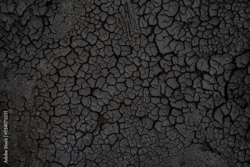 Gray dried and cracked ground earth background, Close up of dry fissure ground, fracture surface, black cracked texture, for designers.