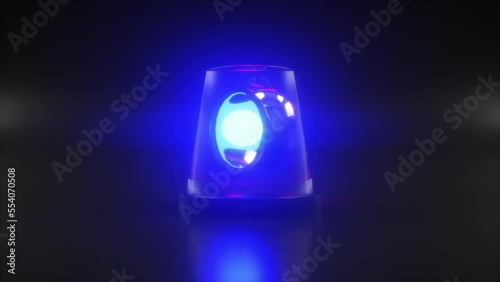 Flashing warning siren light rotates and changes colors from blue to red on black background. Emergency services, ambulance, fire, police rotating beacon. Concept of crime and arrest. 3D Animation 