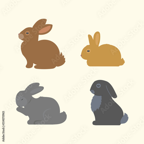 Set of cartoon rabbits. Fluffy hares of different colors. New Year or Easter hares for a poster. Vector illustration
