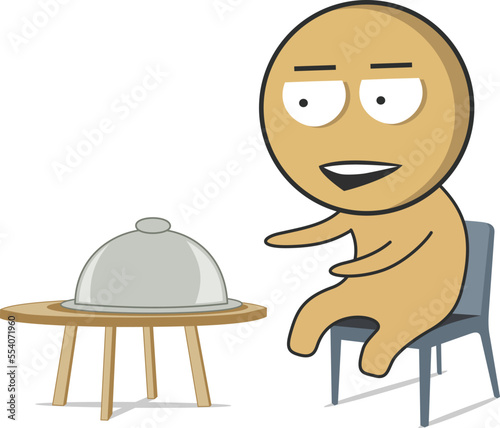 A man sits at a table, a girl with a tray in her hands 
