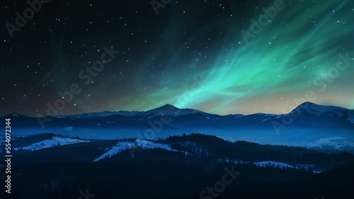 Aurora Borealis or  Northern Lights, mountain scenery landscape at night. Great for Relaxing Ambient backgrounds. Polar lights, winterscape concept