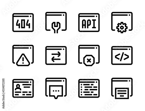 Website Configuration and Web page preferences line vector icons. Content settings, Program software and Hosting service editable stroke outline icon set.