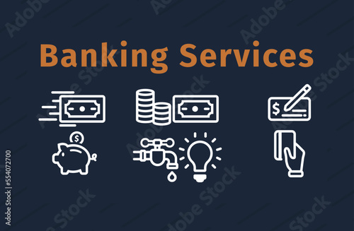 banking services and transactions icon set, white minimalistic icon