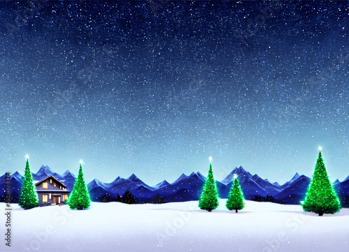 Christmas landscape - cottage, trees, snow and starry sky - digital illustration.