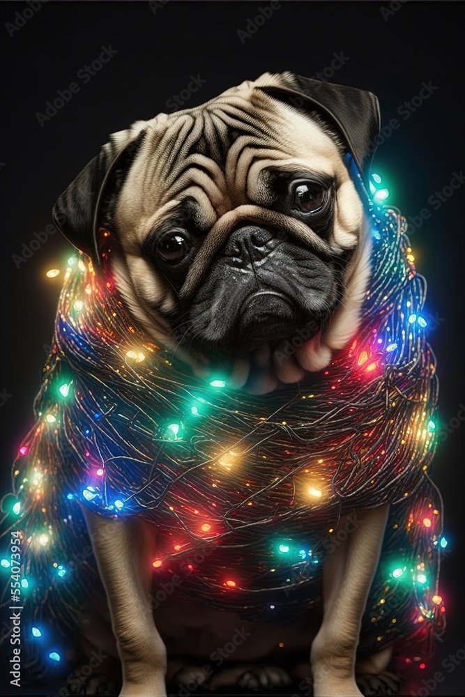 Pug with Christmas lights, mops dog wrapped in shiny lights, isolated dog  winter portrait with black background, generative ai art illustration Stock  Illustration | Adobe Stock
