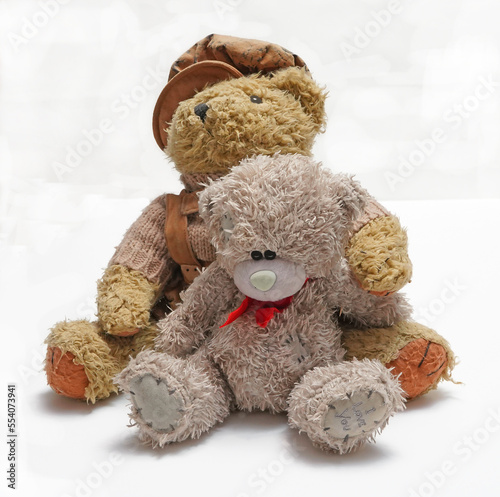 Two Teddy bears sitting together on a white background