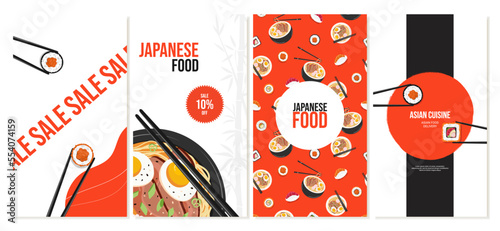 Templates for social media, advertising with Japanese food, rolls, sushi and ramen soup. Vector illustration.