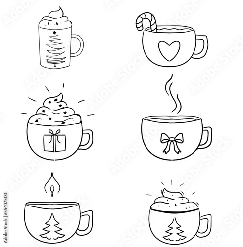 Christmas set of hot drinks from winter coffee, and tea. Cup with Christmas tree, gift, heart. Hand-drawn sketch style. Vector illustration.