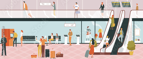 Airport travel, terminal airplane departure, passenger travel, runway transport background, design, flat style vector illustration