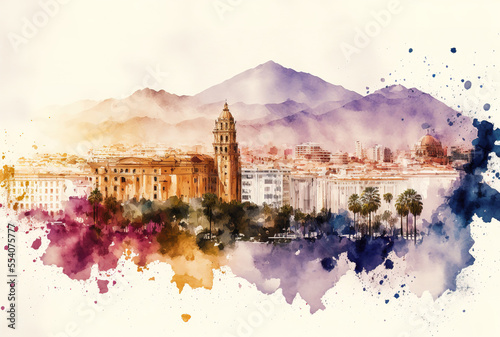 Skyline of Malaga painted in watercolor. Generative AI