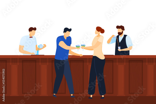 Bar counter, alcohol drink party, girl holding hand cocktail glass, people bartender, design, flat style vector illustration.